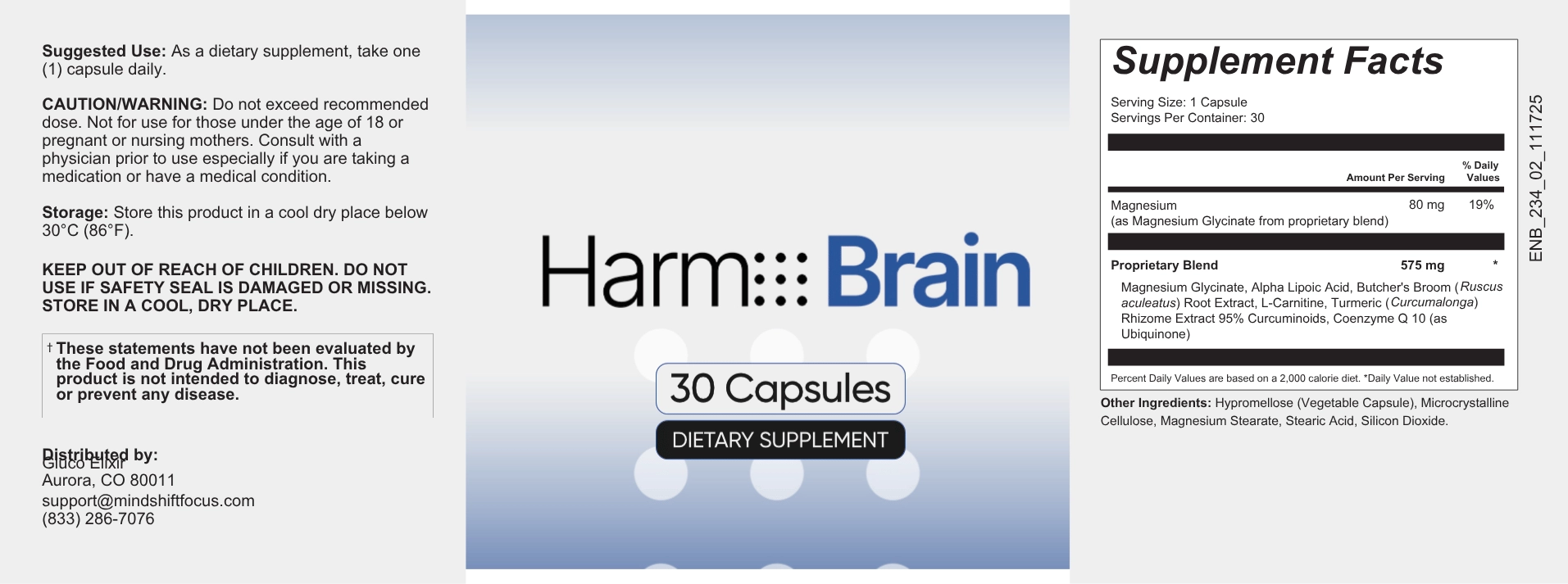 Harmo Brain supplement facts label showing full ingredient list and dosages